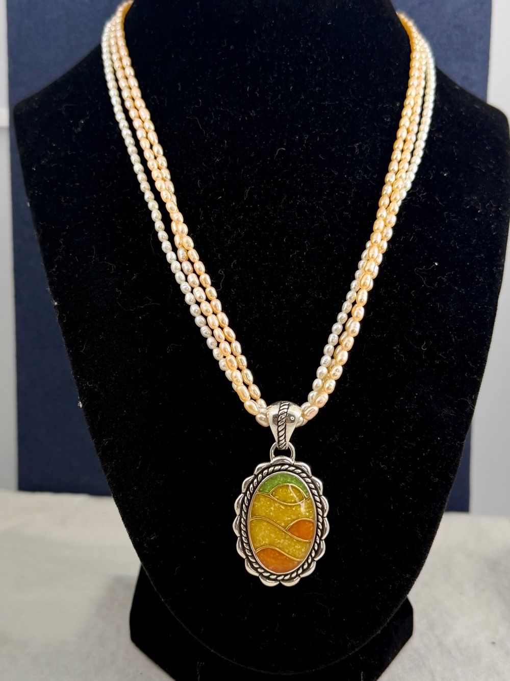 CAROLYN POLLACK Relios Sterling Pearl Chip Stone Inlay Sunrise Pendant Necklace